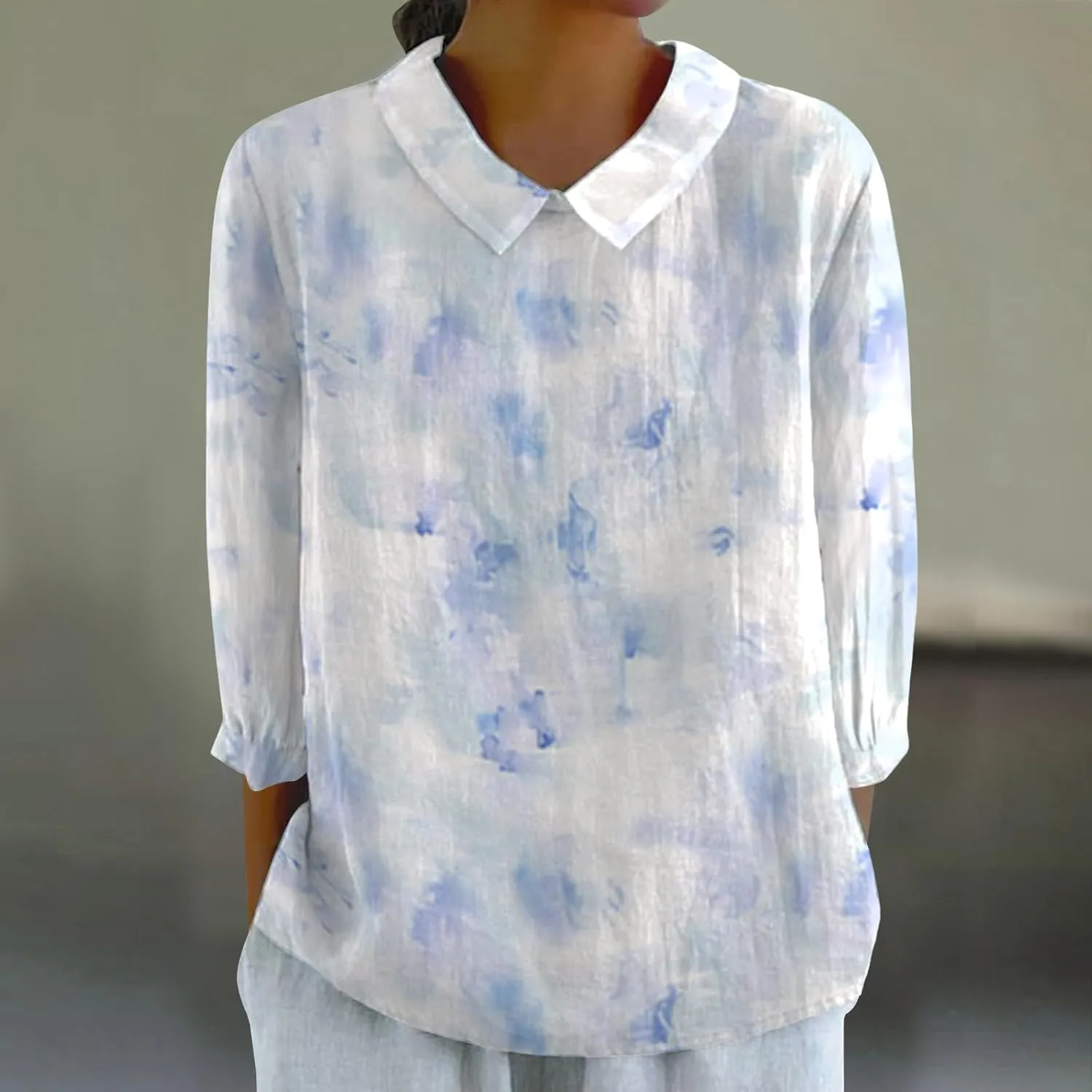 Womens Linen Shirts Lapel Retro Striped Back Loose Top Casual Cotton and Linen Shirt 3/4 Sleeve Shirt Office Drop