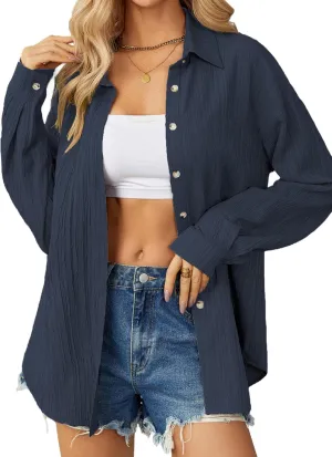 Zeagoo Womens Button Down Shirts Casual Long Sleeve Blouses V Neck Dress Shirt Textured Collared Work Tops with Pocket