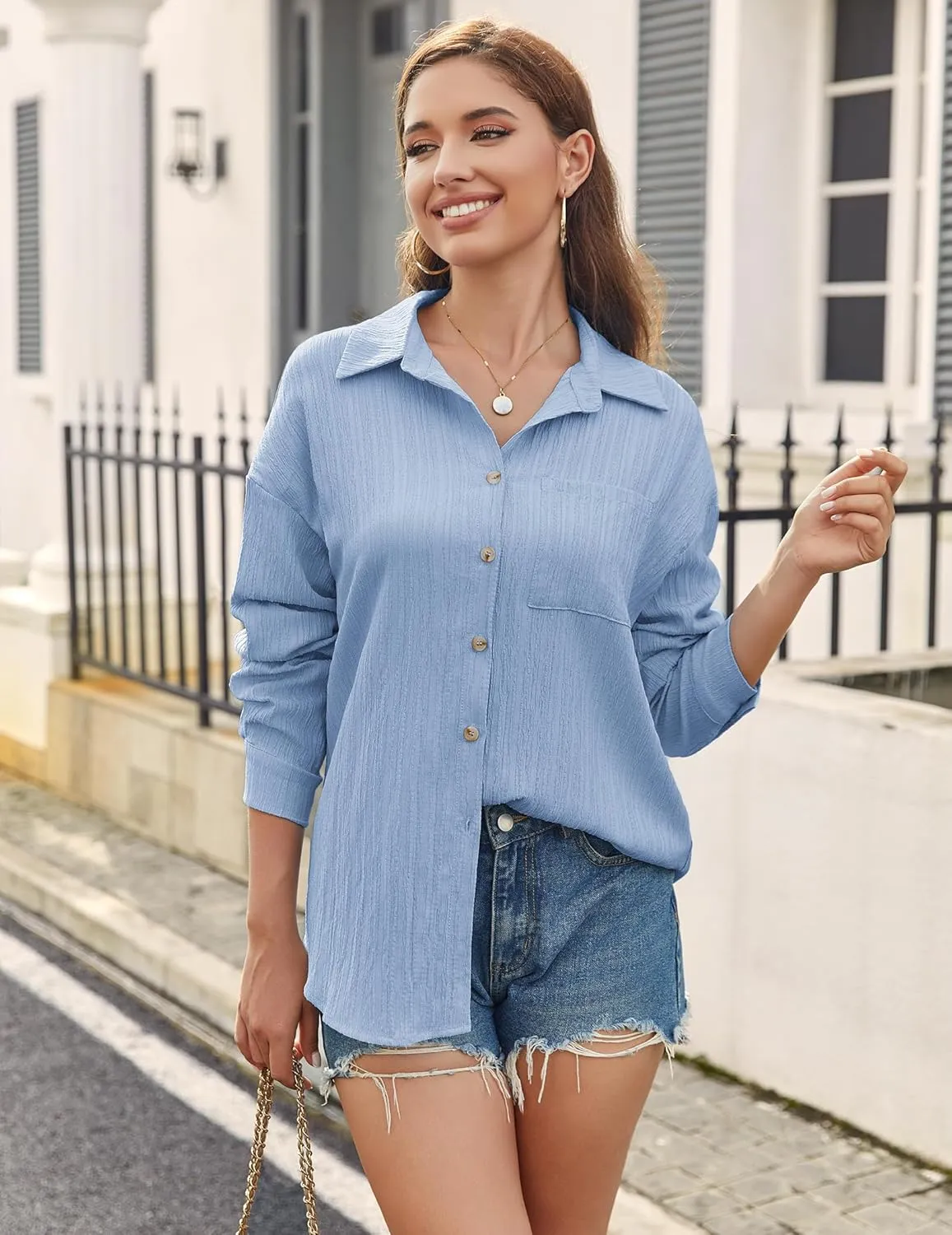 Zeagoo Womens Button Down Shirts Casual Long Sleeve Blouses V Neck Dress Shirt Textured Collared Work Tops with Pocket