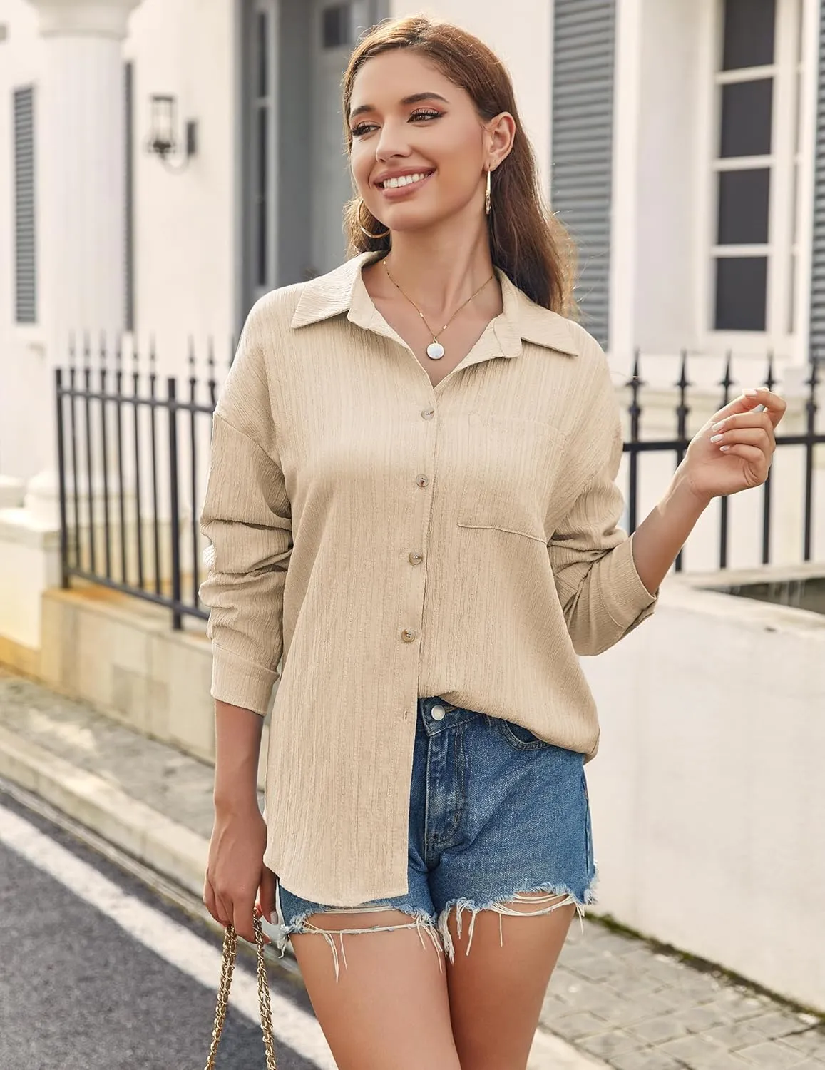 Zeagoo Womens Button Down Shirts Casual Long Sleeve Blouses V Neck Dress Shirt Textured Collared Work Tops with Pocket