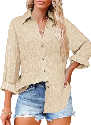 Zeagoo Womens Button Down Shirts Casual Long Sleeve Blouses V Neck Dress Shirt Textured Collared Work Tops with Pocket