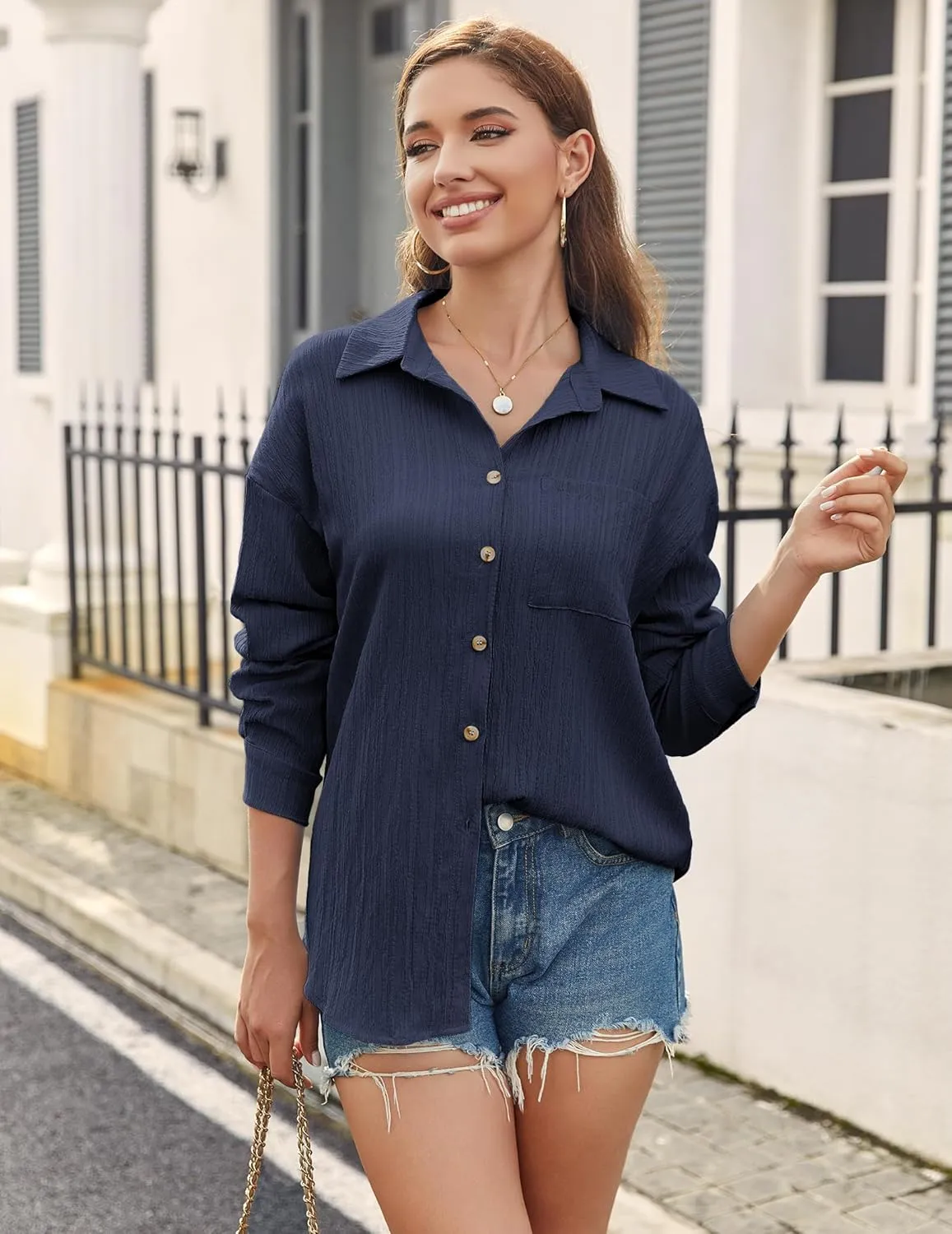 Zeagoo Womens Button Down Shirts Casual Long Sleeve Blouses V Neck Dress Shirt Textured Collared Work Tops with Pocket